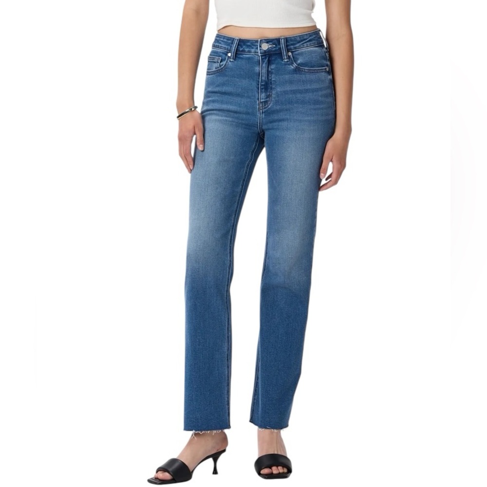 QUINCE Bella Stretch Straight Jeans With Raw Hem In Twilight Blue